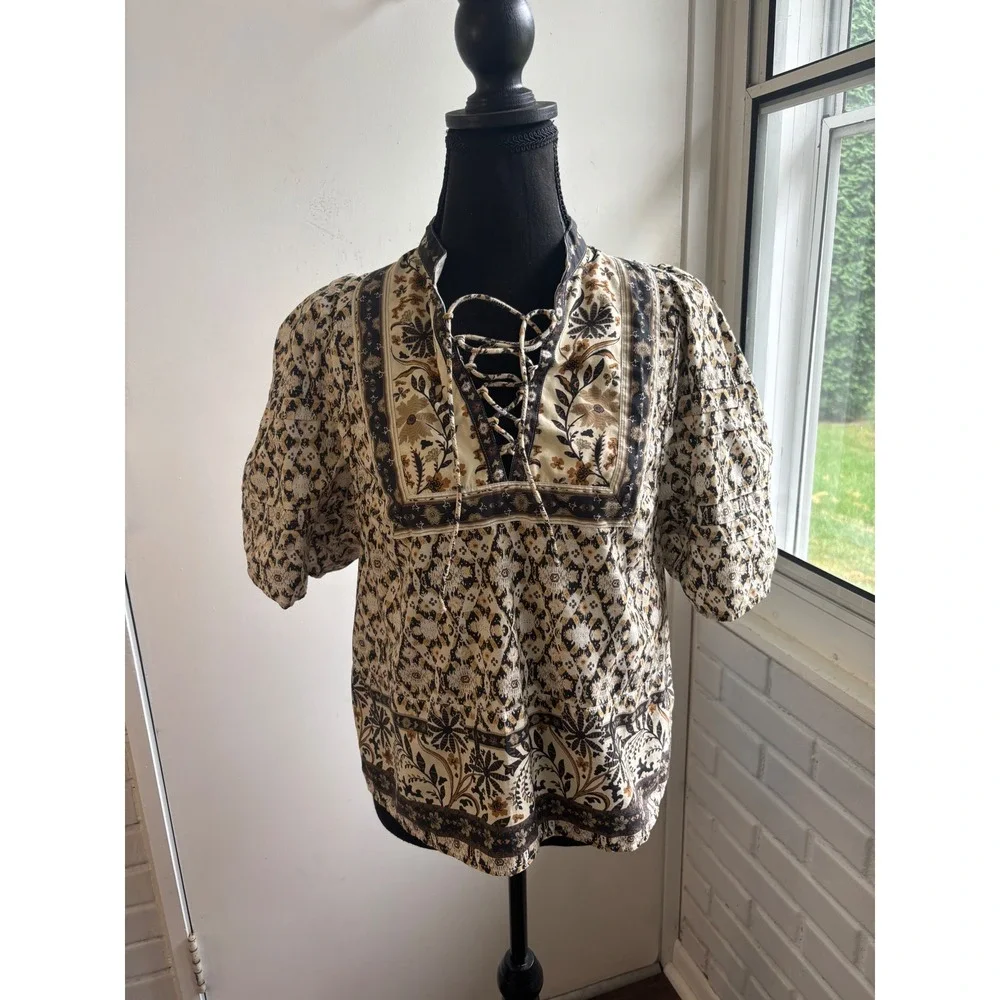 Anthropologie Pleated Puff Sleeve Blouse Small Boho cottage core croquette